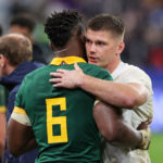 PARIS, FRANCE - OCTOBER 21: Siya Kolisi of South Africa embraces Owen Farrell of England following the during the Rugby World Cup France 2023 match between England and South Africa at Stade de France on October 21, 2023 in Paris, France. (Photo by David Rogers/Getty Images)