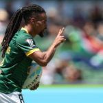 PERTH, AUSTRALIA - JANUARY 26: Selvyn Davids of South Africa celebrates after crossing for a try during the 2024 Perth SVNS men's match between South Africa and Canada at HBF Park on January 26, 2024 in Perth, Australia.