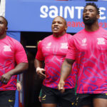 PARIS, FRANCE - SEPTEMBER 22: Trevor Nyakane of South Africa with Bongi Mbonambi of South Africa and Siya Kolisi (c) of South Africa during the South Africa men's national rugby team captain's run at Stade de France on September 22, 2023 in Paris, France.