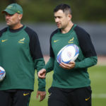 DOMONT, FRANCE - OCTOBER 17: Jacques Nienaber (Head Coach) of South Africa with Felix Jones of South Africa during the South Africa men's national rugby team training session at Stade des Fauvettes on October 17, 2023 in Domont, France.
