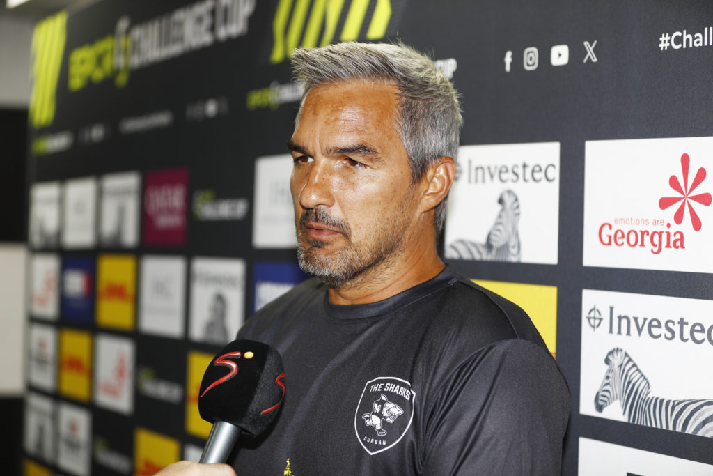 DURBAN, SOUTH AFRICA - JANUARY 13: Neil Powell (Director of Rugby) of the Hollywoodbets Sharks during the EPCR Challenge Cup match between Hollywoodbets Sharks and Oyonnax at Hollywoodbets Kings Park on January 13, 2024 in Durban, South Africa.