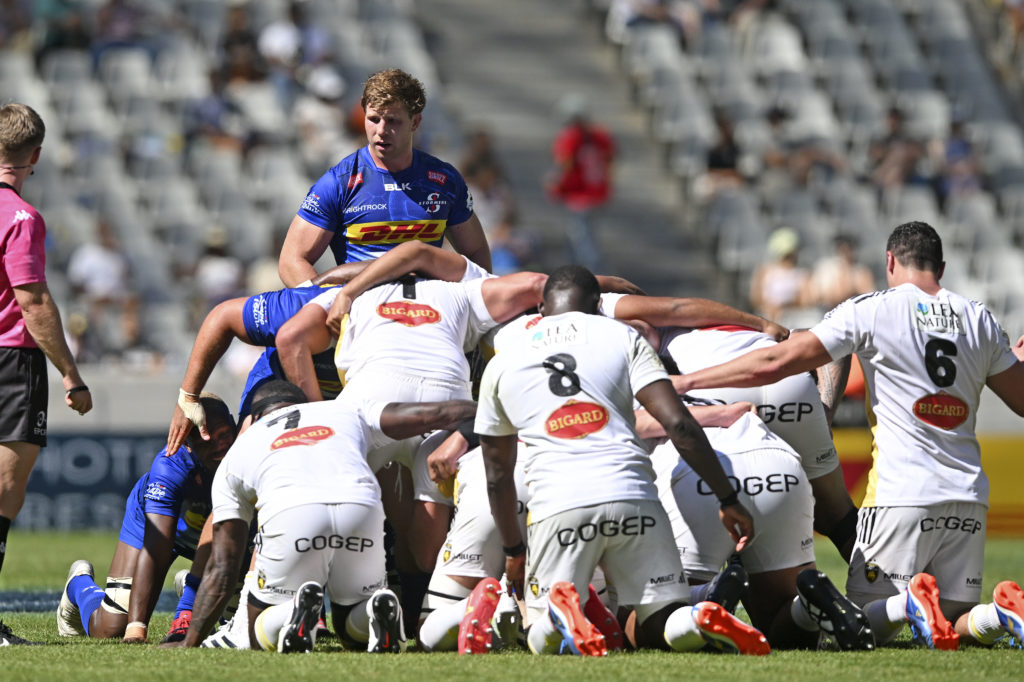 Evan Roos of the Stormers at the base of scrum during Investec Champions Cup 2023/24 game between the Stormers and La Rochelle at Cape Town Stadium on 16 December 2023 ©Ryan Wilkisky/BackpagePix