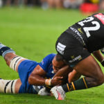 Salmaan Moerat of the Stormers hangs onto Siya Masuku of Hollywoodbets Sharks during the 2024 United Rugby Championship 2023/24 game between the Sharks and Stormers at Kings Park Stadium on 17 February 2023 ©Gerhard Duraan/BackpagePix