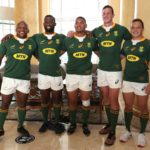 CAPE TOWN, SOUTH AFRICA - OCTOBER 02: Bongi Mbonambi, Springbok Green captain Siya Kolisi, Juarno Augustus, JD Schickerling and Kade Wolhuter during the Springbok Green Team Photo at Cullinan Hotel on October 02, 2020 in Cape Town, South Africa. (Photo by Shaun Roy/Gallo Images)