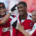 JOHANNESBURG, SOUTH AFRICA - 5 May 2007, Earl Rose, Ashwin Willemse & Enrico Januarie celebrates Willemse's try during the Super 14 match between the Lions and Cheetahs held at Ellis Park stadium in Johannesburg, South Africa. Photo by Gallo Images