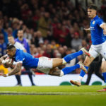 Photo: David Davies/PA via BackpagePix Italy's Monty Ioane scores their first try of the game during the Guinness Six Nations match at the Principality Stadium, Cardiff. Picture date: Saturday March 16, 2024.