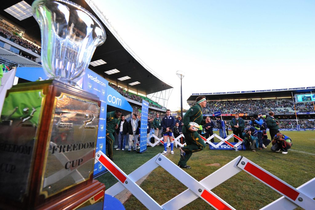 BLOEMFONTEIN, SOUTH AFRICA - JULY 25: John Smit of South Africa leads his team out during the 2009 Tri-Nations Series match between South Africa and New Zealand at Vodacom Park on July 25, 2009 in Bloemfontein, South Africa. (Photo by Duif du Toit/Gallo Images/Getty Images)