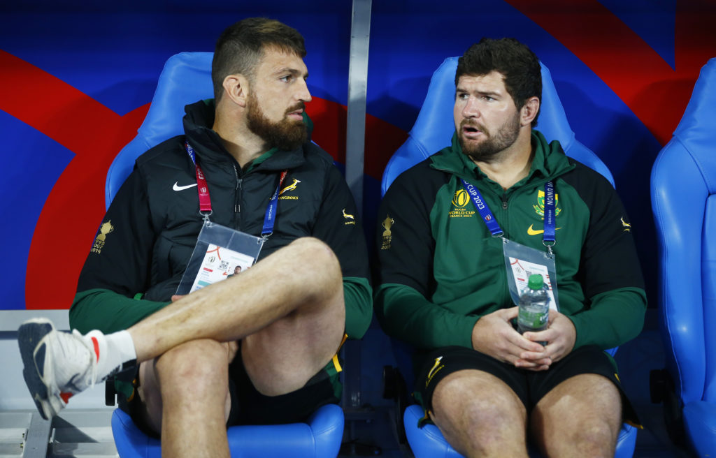 PARIS, FRANCE - OCTOBER 15: Jean Kleyn of South Africa with Marco van Staden of South Africa during the Rugby World Cup 2023 quarter final match between France and South Africa at Stade de France on October 15, 2023 in Paris, France. (Photo by Steve Haag/Gallo Images)