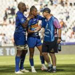 CAPE TOWN, SOUTH AFRICA - DECEMBER 16: Manie Libbok and Gareth Wright during the Investec Champions Cup match between DHL Stormers and La Rochelle at DHL Stadium on December 16, 2023 in Cape Town, South Africa. (Photo by Cole Cruickshank/Gallo Images)