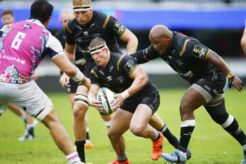 DURBAN, SOUTH AFRICA - APRIL 07: James Venter of the Hollywoodbets Sharks during the EPCR Challenge Cup, Round of 16 match between Cell C Sharks and Zebre at Hollywoodbets Kings Park on April 07, 2024 in Durban, South Africa. (Photo by Steve Haag Sports/Gallo Images)