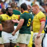 BORDEAUX, FRANCE - SEPTEMBER 17: Ox Nche of South Africa, Marvin Orie of South Africa, Steven Kitshoff of South Africa have traded shirts during the Rugby World Cup France 2023 match between South Africa and Romania at Stade de Bordeaux on September 17, 2023 in Bordeaux, France. (Photo by Hans van der Valk/BSR Agency/Getty Images)