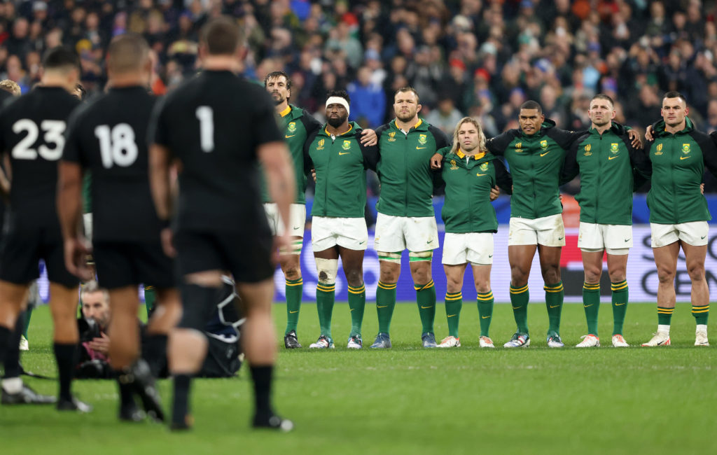 PARIS, FRANCE - OCTOBER 28: South Africa face the Haka during the Rugby World Cup France 2023 Gold Final match between New Zealand and South Africa at Stade de France on October 28, 2023 in Paris, France. (Photo by Paul Harding/Getty Images)