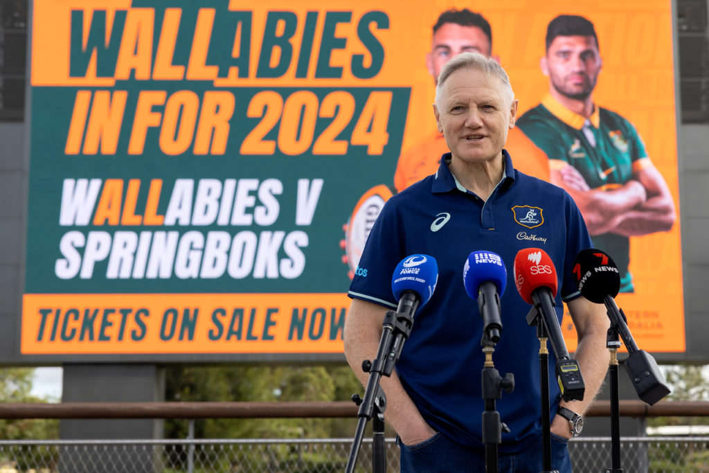 PERTH, AUSTRALIA - MAY 10: Joe Schmidt (Wallabies head coach) addresses the media during a media opportunity announcing the tickets on sale date for the Wallabies Test series, at Optus Stadium on May 10, 2024 in Perth, Australia. (Photo by Paul Kane/Getty Images for Rugby Australia)