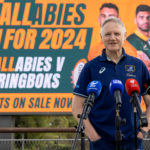 PERTH, AUSTRALIA - MAY 10: Joe Schmidt (Wallabies head coach) addresses the media during a media opportunity announcing the tickets on sale date for the Wallabies Test series, at Optus Stadium on May 10, 2024 in Perth, Australia. (Photo by Paul Kane/Getty Images for Rugby Australia)