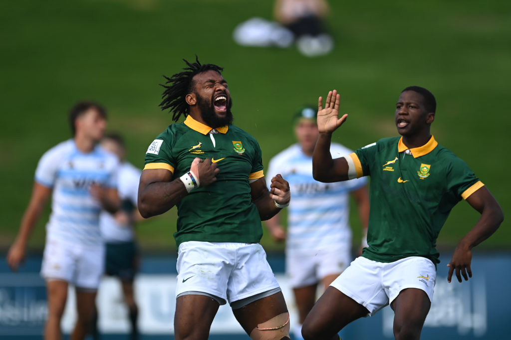 SUNSHINE COAST, AUSTRALIA - MAY 12: Jurenzo Julius of South Africa celebrates scoring a try during The Rugby Championship U20 Round 3 match between Argentina and South Africa at Sunshine Coast Stadium on May 12, 2024 in Sunshine Coast, Australia. (Photo by Albert Perez/Getty Images)