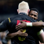 LONDON, ENGLAND - MAY 24: Grant Williams of Sharks and Vincent Koch of Sharks in a hug after their sides victory during the EPCR Challenge Cup Final match between Gloucester Rugby and Hollywoodbets Sharks at Tottenham Hotspur Stadium on May 24, 2024 in London, England.(Photo by Gaspafotos/MB Media/Getty Images)