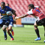 JOHANNESBURG, SOUTH AFRICA - FEBRUARY 12: Hacjivah Dayimani of DHL Stormers and Vincent Tshituka of Emirates Lions during the United Rugby Championship match between Emirates Lions and DHL Stormers at Emirates Airline Park on February 12, 2022 in Johannesburg, South Africa. (Photo by Lefty Shivambu/Gallo Images)