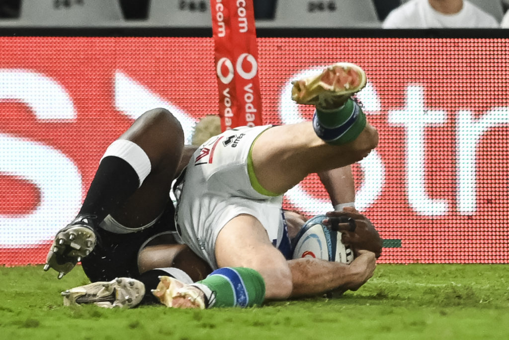 DURBAN, SOUTH AFRICA - APRIL 14: Edoardo Padovani of Benetton Rugby scores a try during the United Rugby Championship match between Cell C Sharks and Benetton Rugby at Hollywoodbets Kings Park on April 14, 2023 in Durban, South Africa. (Photo by Steve Haag Sports/Gallo Images)