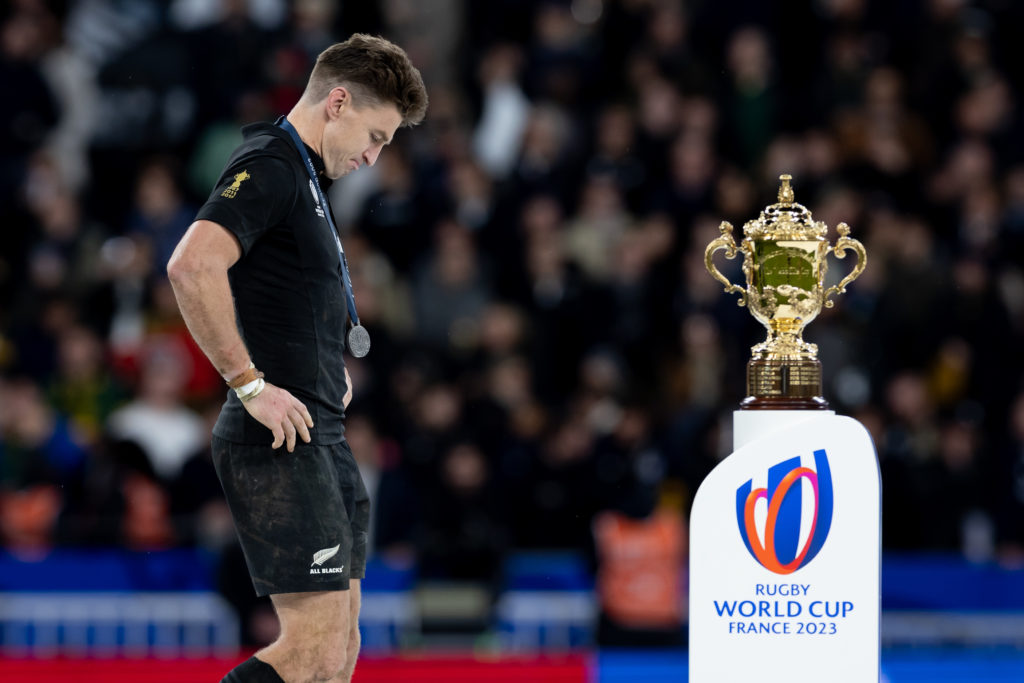 PARIS, FRANCE - OCTOBER 28: Beauden Barrett of New Zealand walks past the Webb Ellis cup following their defeat in the Rugby World Cup 2023 final match between New Zealand and South Africa at Stade de France on October 28, 2023 in Paris, France. (Photo by Juan Jose Gasparini/Gallo Images)