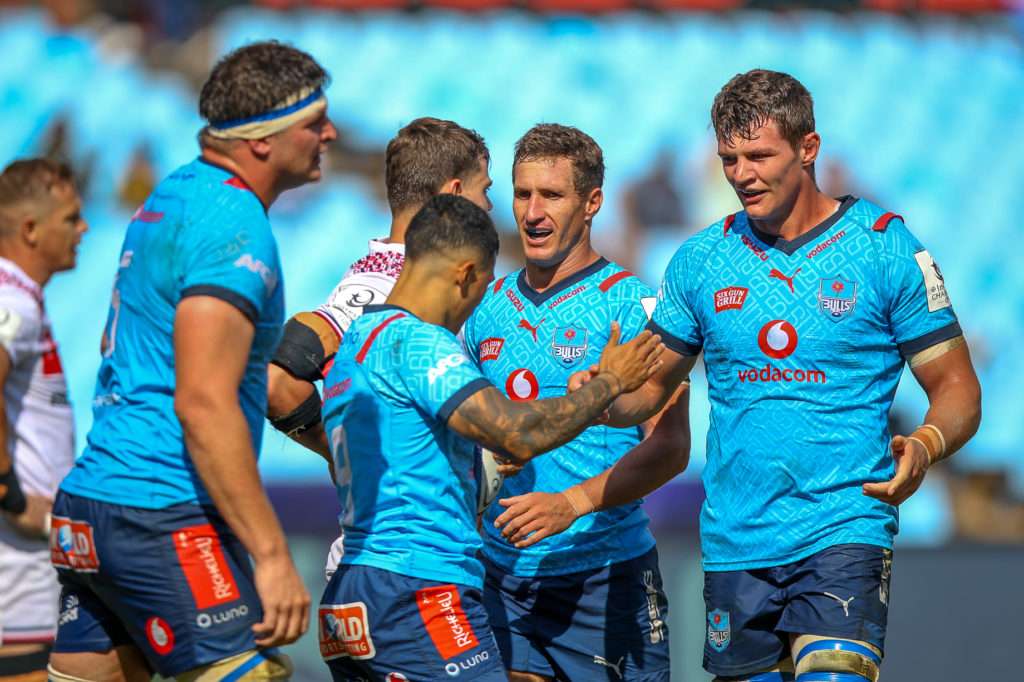 PRETORIA, SOUTH AFRICA - APRIL 06: Vodacom Bulls celebrate the try of Embrose Papier of the Vodacom Blue Bulls during the Investec Champions Cup, Round of 16 match between Vodacom Bulls and Lyon OU at Loftus Versfeld on April 06, 2024 in Pretoria, South Africa. (Photo by Gordon Arons/Gallo Images)