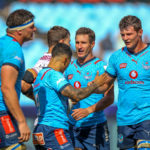 PRETORIA, SOUTH AFRICA - APRIL 06: Vodacom Bulls celebrate the try of Embrose Papier of the Vodacom Blue Bulls during the Investec Champions Cup, Round of 16 match between Vodacom Bulls and Lyon OU at Loftus Versfeld on April 06, 2024 in Pretoria, South Africa. (Photo by Gordon Arons/Gallo Images)