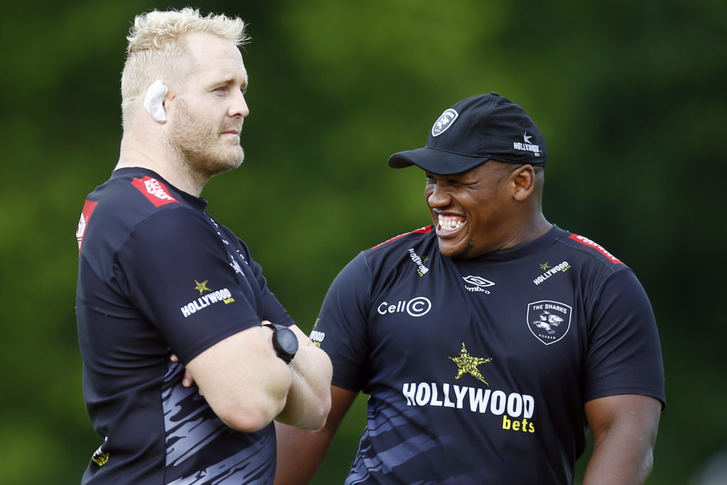 LONDON, ENGLAND - MAY 20: Vincent Koch with Bongi Mbonambi during the Hollywoodbets Sharks training session at The Lensbury Resort on May 20, 2024 in London, England. (Photo by Steve Haag Sports/Gallo Images)
