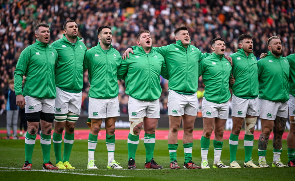 London , United Kingdom - 9 March 2024; Ireland players, from left, Peter O'Mahony, Tadhg Beirne, Conor Murray, Tadhg Furlong, Dan Sheehan, Calvin Nash, Hugo Keenan and Andrew Porter before the Guinness Six Nations Rugby Championship match between England and Ireland at Twickenham Stadium in London, England. (Photo By David Fitzgerald/Sportsfile via Getty Images)