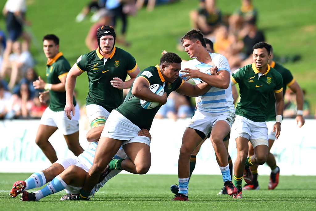 SUNSHINE COAST, AUSTRALIA - MAY 12: Zachary Porthen of South Africa is tackled during The Rugby Championship U20 Round 3 match between Argentina and South Africa at Sunshine Coast Stadium on May 12, 2024 in Sunshine Coast, Australia. (Photo by Albert Perez/Getty Images)