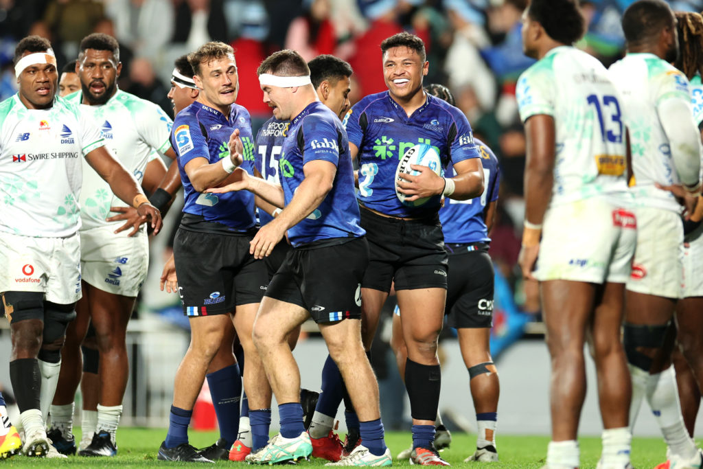 AUCKLAND, NEW ZEALAND - JUNE 08: Caleb Clarke of the Blues celebrates after scoring a try during the Super Rugby Pacific Quarter Final match between Blues and Fijian Drua at Eden Park, on June 08, 2024, in Auckland, New Zealand. (Photo by Hannah Peters/Getty Images)