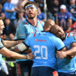 PRETORIA, SOUTH AFRICA - JUNE 15: Nizaam Carr, Ruan Nortje and Sergeal Petersen of the Bulls celebrate during the United Rugby Championship semi-final match between Vodacom Bulls and Leinster at Loftus Versfeld on June 15, 2024 in Pretoria, South Africa. (Photo by Lee Warren/Gallo Images/Getty Images)