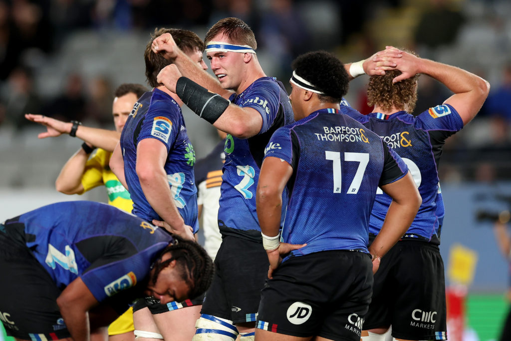 AUCKLAND, NEW ZEALAND - JUNE 14: Sam Darry of the Blues celebrates on full time during the Super Rugby Pacific Semi Final match between Blues and ACT Brumbies at Eden Park, on June 14, 2024, in Auckland, New Zealand. (Photo by Phil Walter/Getty Images)