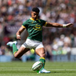 LONDON, ENGLAND - JUNE 22: Sacha Feinberg-Mngomezulu of South Africa kicks the ball during the Summer Rugby International match between South Africa and Wales at Twickenham Stadium on June 22, 2024 in London, England. (Photo by Gaspafotos/MB Media/Getty Images)