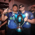 AUCKLAND, NEW ZEALAND - JUNE 22: Caleb Clarke and Dalton Papali'i of the Blues pose for a photo with the Super Rugby Pacific trophy inside the changing rooms after winning the Super Rugby Pacific Grand Final match between Blues and Chiefs at Eden Park, on June 22, 2024, in Auckland, New Zealand. (Photo by Hannah Peters/Getty Images)