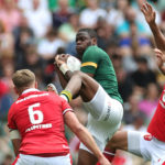 LONDON, ENGLAND - JUNE 22: Aphelele Fassi of South Africa is yellow carded for the challenge on Taine Plumtree during the Summer Rugby International match between South Africa and Wales at Twickenham Stadium on June 22, 2024 in London, England. (Photo by David Rogers/Getty Images)