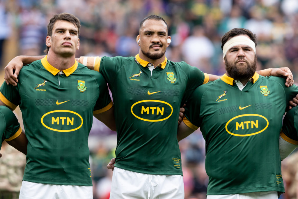 LONDON, ENGLAND - JUNE 22: Ben-Jason Dixon, Salmaan Moerat and Frans Malherbe of South Africa during the national anthem prior to the Summer Rugby International match between South Africa and Wales at Twickenham Stadium on June 22, 2024 in London, England. (Photo by Gaspafotos/MB Media/Getty Images)