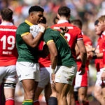 LONDON, ENGLAND - JUNE 22: Edwin Van Der Merwe of South Africa celebrates with his teammate Sacha Feinberg-Mngomezulu of South Africa after scoring a try during the Summer Rugby International match between South Africa and Wales at Twickenham Stadium on June 22, 2024 in London, England. (Photo by Gaspafotos/MB Media/Getty Images)