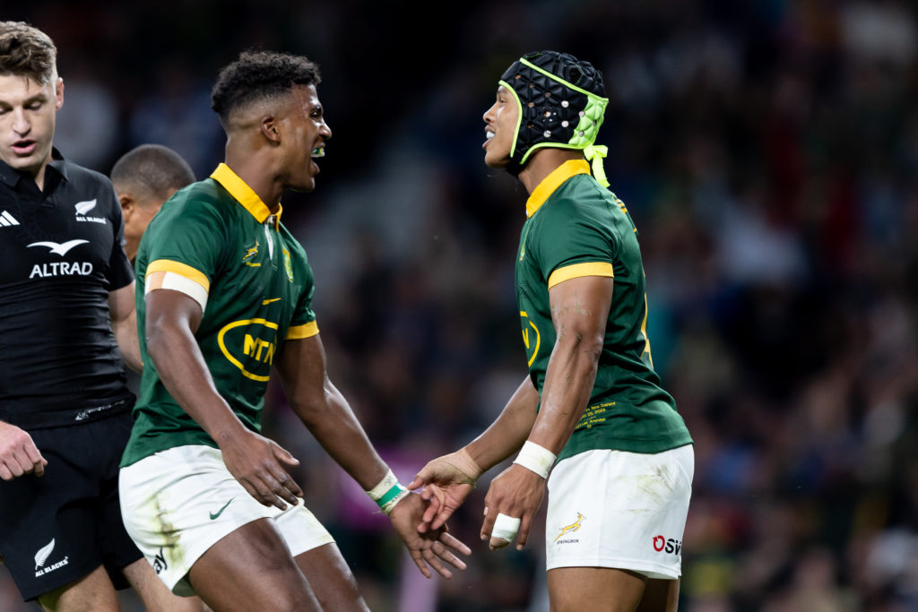 LONDON, ENGLAND - AUGUST 25: Kurt Lee-Arendse of South Africa celebrates with Canan Moodie of South Africa after scoring a try during the Rugby World Cup 2023 warm up match between New Zealand and South Africa at Twickenham Stadium on August 25, 2023 in London, England. (Photo by Juan Jose Gasparini/Gallo Images)