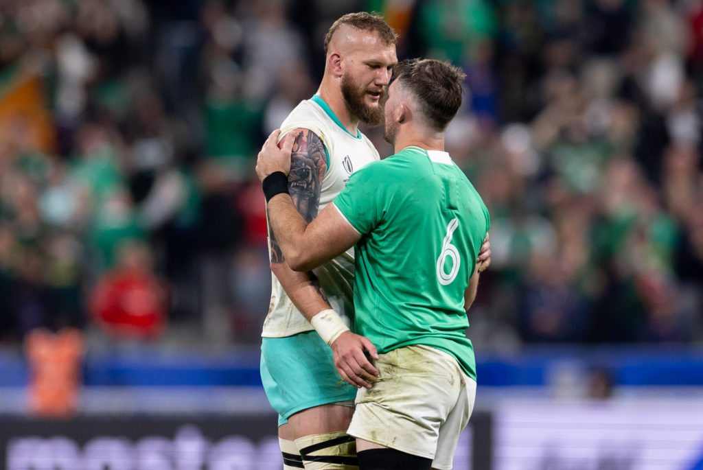 PARIS, FRANCE - SEPTEMBER 23: RG Snyman of South Africa in a hug with Peter O'Mahony of Ireland after the Rugby World Cup 2023 Pool B match between South Africa and Ireland at Stade de France on September 23, 2023 in Paris, France. (Photo by Juan Jose Gasparini/Gallo Images)