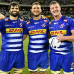CAPE TOWN, SOUTH AFRICA - DECEMBER 30: Ruben van Heerden, Adre Smith and Hendre Stassen of the Stormers during the United Rugby Championship match between DHL Stormers and Hollywoodbets Sharks at DHL Stadium on December 30, 2023 in Cape Town, South Africa. (Photo by Ashley Vlotman/Gallo Images)