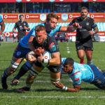 PRETORIA, SOUTH AFRICA - MAY 11: Ruan Vermaak of the Vodacom Blue Bulls tries to stop Matt Fagerson of the Glasgow Warriors from scoring his try during the United Rugby Championship match between Vodacom Bulls and Glasgow Warriors at Loftus Versfeld on May 11, 2024 in Pretoria, South Africa. (Photo by Gordon Arons/Gallo Images)
