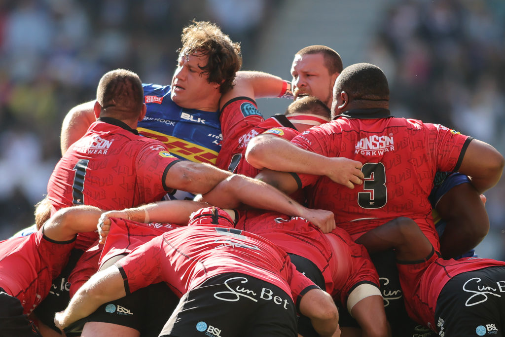 CAPE TOWN, SOUTH AFRICA - JUNE 01: Neethling Fouche of DHL Stormers pops up during a scrum during the United Rugby Championship match between DHL Stormers and Emirates Lions at DHL Stadium on June 01, 2024 in Cape Town, South Africa. (Photo by Shaun Roy/Gallo Images)