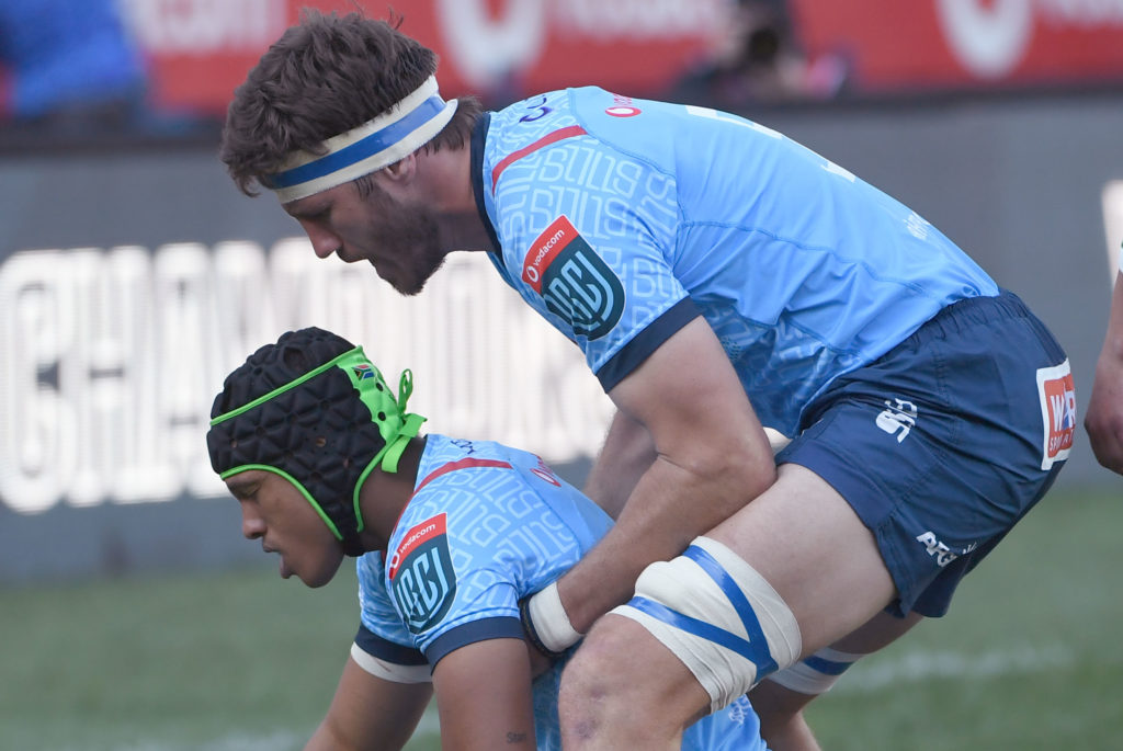 PRETORIA, SOUTH AFRICA - JUNE 08: Kurt-Lee Arendse and Ruan Nortje of the Bulls celebrate during the United Rugby Championship match between Vodacom Bulls and Benetton Rugby at Loftus Versfeld on June 08, 2024 in Pretoria, South Africa. (Photo by Lee Warren/Gallo Images)