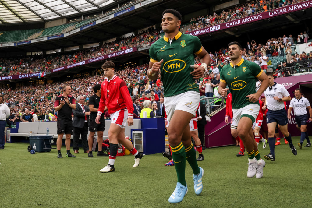 LONDON, ENGLAND - JUNE 22: Sacha Feinberg-Mngomezulu of South Africa during the Qatar Airways Cup 2024 match between South Africa and Wales at Twickenham on June 22, 2024 in London, England. (Photo by Paul Harding/Gallo Images)