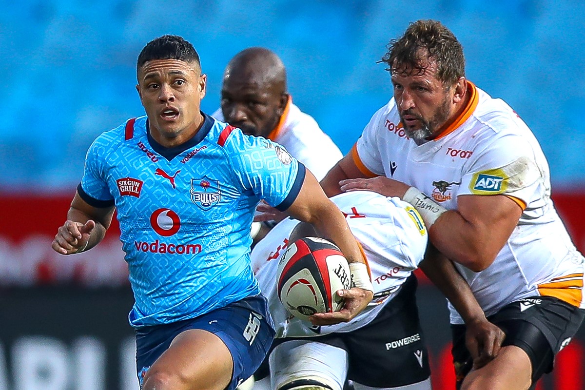 PRETORIA, SOUTH AFRICA - JULY 19: Devon Williams of the Vodacom Blue Bulls takes off on a run during the Carling Currie Cup, Premier Division match between Vodacom Bulls and Toyota Cheetahs at Loftus Versfeld on July 19, 2024 in Pretoria, South Africa. (Photo by Gordon Arons/Gallo Images)