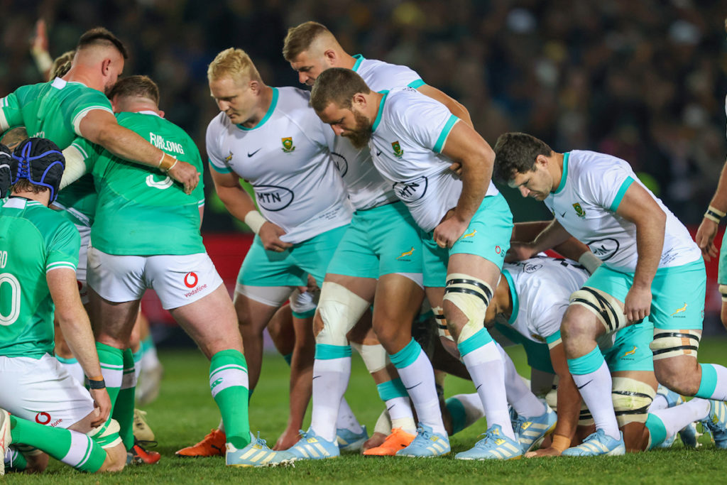 Gerhard Steenekamp, Malcolm Marx and Vincent Koch set a scrum against Ireland