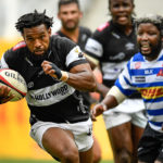 CAPE TOWN, SOUTH AFRICA - AUGUST 24: Jurenzo Julius of the Sharks scores a try during the Carling Currie Cup, Premier Division match between DHL Western Province and Hollywoodbets Sharks at DHL Stadium on August 24, 2024 in Cape Town, South Africa. (Photo by Ashley Vlotman/Gallo Images)